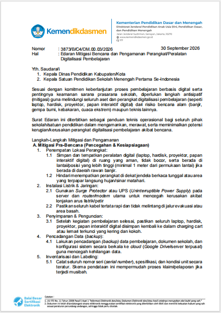 Surat Edaran Mitigasi Bencana dan Pengamanan Perangkat/Peralatan Digitalisasi Pembelajaran