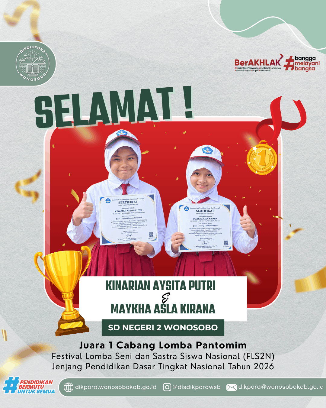Prestasi Gemilang, Siswi SD Negeri 2 Wonosobo Sabet Juara 1 Nasional Lomba Pantomim FLS2N Tahun 2026
