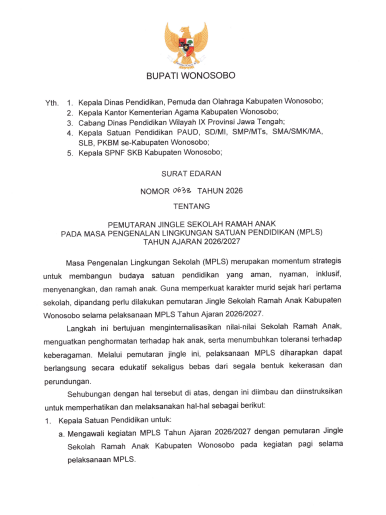 Surat Edaran Bupati tentang Pemutaran Jingle Sekolah Ramah Anak pada MPLS 2026/2027